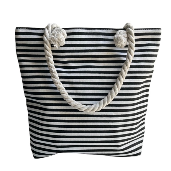 Threaded Pear Black & White Striped Tote Bag with Rope Handles - Picture 8 of 9
